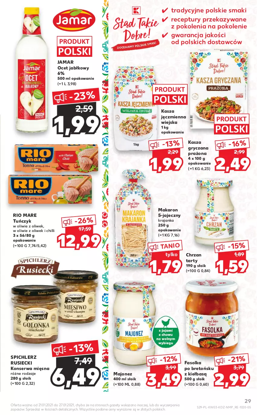 Gazetka promocyjna Kaufland - Promocje tygodnia - ważna 21.01 do 27.01.2021 - strona 29 - produkty: Chrzan, Fa, Gry, Kasza, Kasza gryczana, Kasza jęczmienna, Majonez, Makaron, Ocet, Rio Mare, Ser, Spichlerz Rusiecki, Tuńczyk