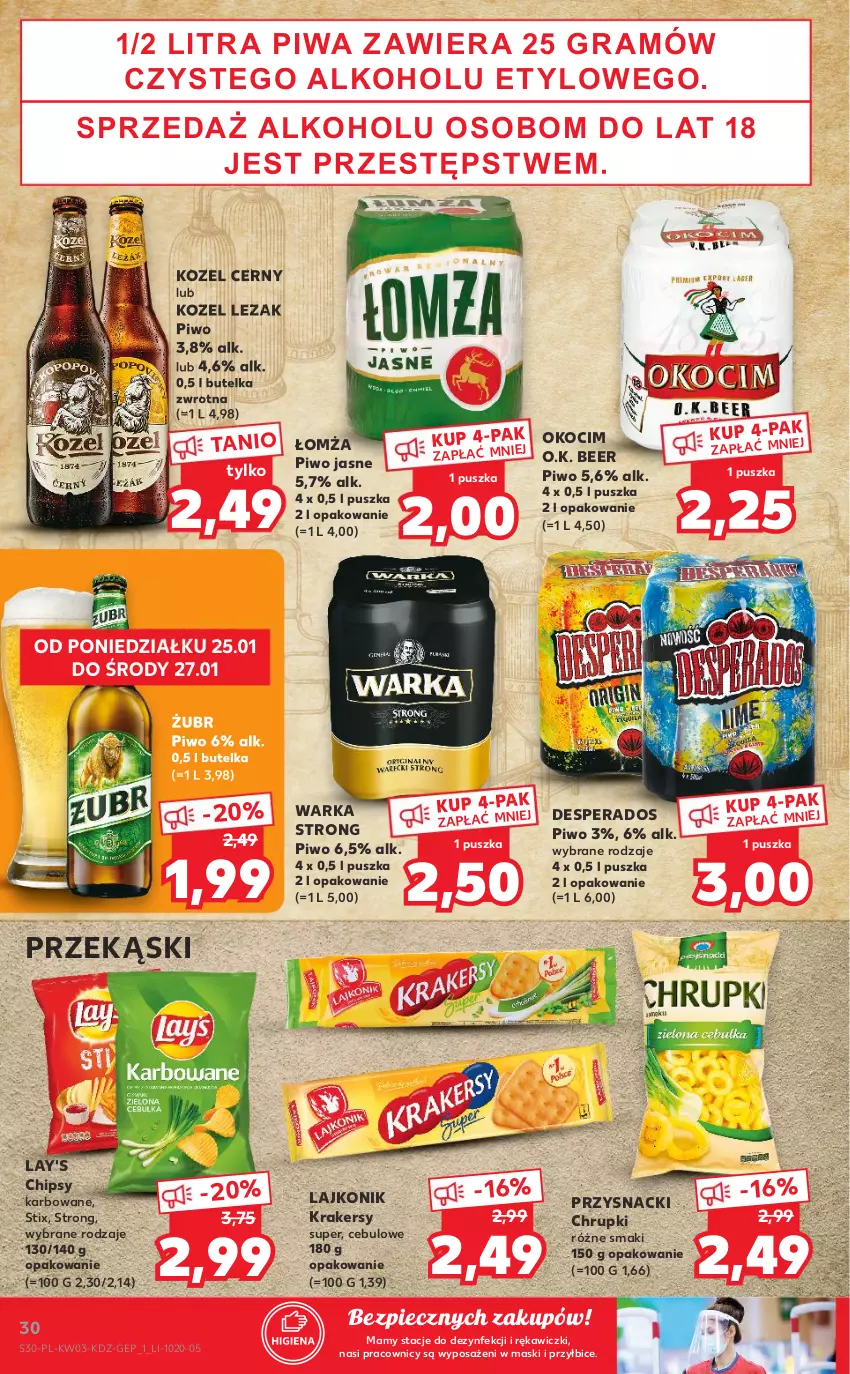 Gazetka promocyjna Kaufland - Promocje tygodnia - ważna 21.01 do 27.01.2021 - strona 30 - produkty: BIC, Chipsy, Chrupki, Desperados, Koc, Kozel, Krakersy, Lajkonik, Okocim, Piec, Piwa, Piwo, Piwo jasne, Przysnacki, Warka