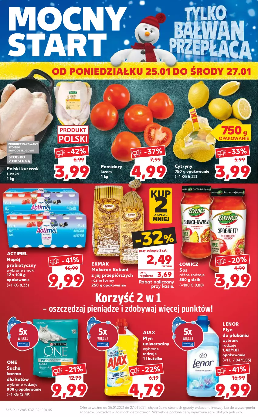 Gazetka promocyjna Kaufland - Promocje tygodnia - ważna 21.01 do 27.01.2021 - strona 48 - produkty: Actimel, Ajax, Babuni, Cytryny, Kurczak, Lenor, Makaron, Makaron babuni, Napój, Płyn do płukania, Pomidory, Sos, Sucha karma, Tusz