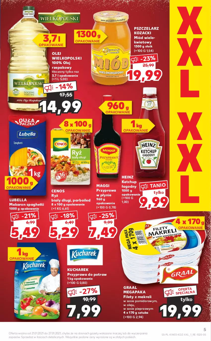 Gazetka promocyjna Kaufland - Promocje tygodnia - ważna 21.01 do 27.01.2021 - strona 5 - produkty: Bell, Bella, Cenos, Gra, Graal, Heinz, Ketchup, Kucharek, Lubella, Maggi, Makaron, Miód, Olej, Olej rzepakowy, Pieprz, Przyprawa do potraw, Przyprawa w płynie, Ryż, Ryż biały, Sos, Spaghetti