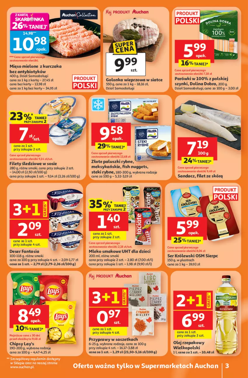 Gazetka promocyjna Auchan - 30 Lat Supermarket Auchan Franczyza - ważna 26.02 do 04.03.2026 - strona 3 - produkty: Chipsy, Deser, Dzieci, Fa, Fanta, Golonka wieprzowa, Królewski, Kurczak, Mleko, Mleko smakowe, Olej, Olej rzepakowy, Paluszki rybne, Parówki, Przyprawy, Sandacz, Ser, Stek