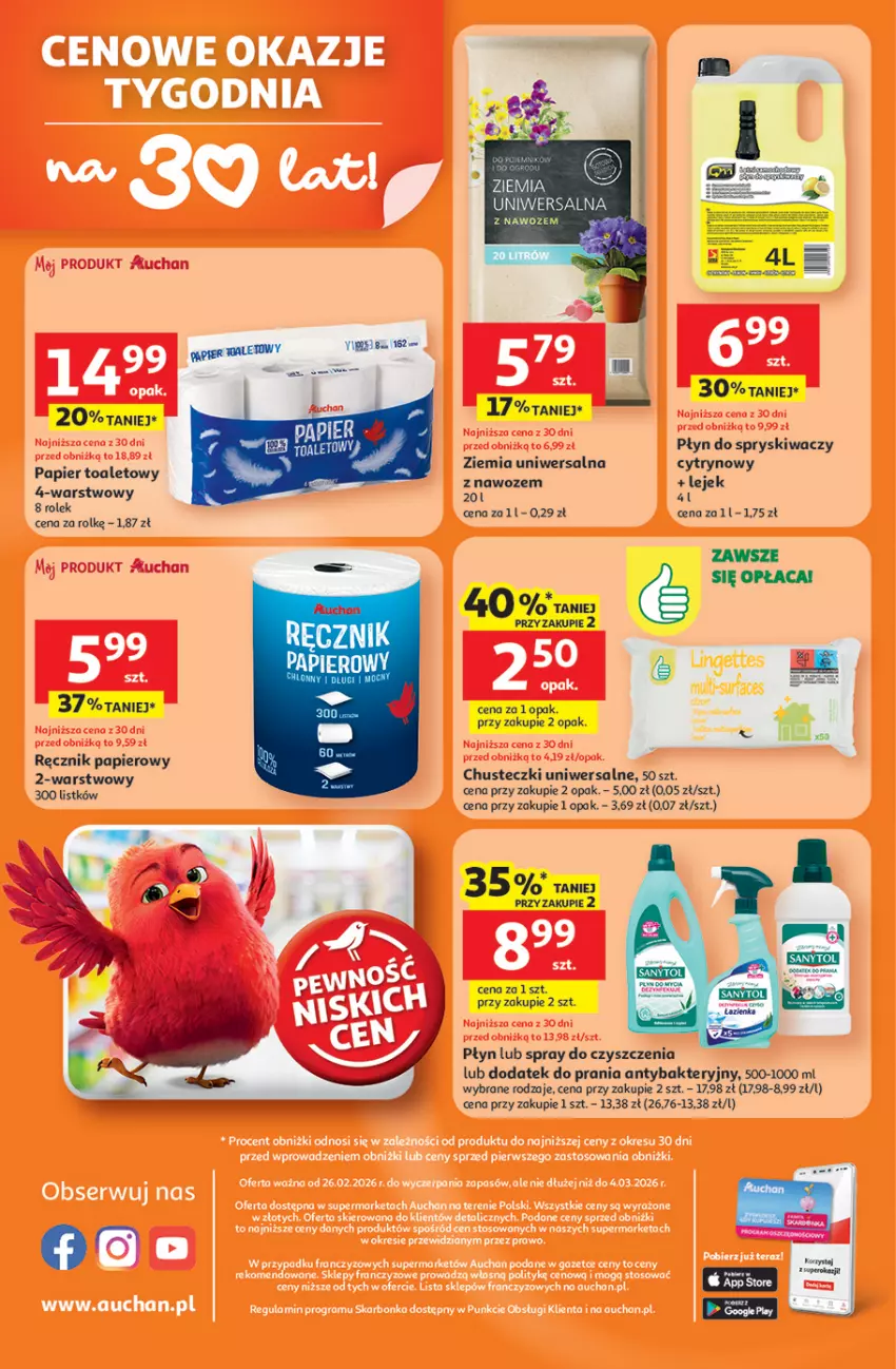 Gazetka promocyjna Auchan - 30 Lat Supermarket Auchan Franczyza - ważna 26.02 do 04.03.2026 - strona 4 - produkty: Chusteczki, Papier, Papier toaletowy, Płyn do spryskiwaczy, Ręcznik, Spray do czyszczenia