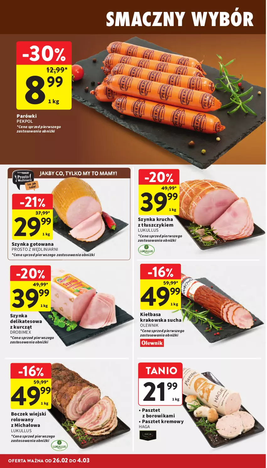 Gazetka promocyjna Intermarche - Gazetka promocyjna - ważna 26.02 do 04.03.2026 - strona 16 - produkty: Boczek, Drobimex, Kiełbasa, Kiełbasa krakowska, Olewnik, Parówki, Pasztet, Pekpol, Szynka, Szynka delikatesowa
