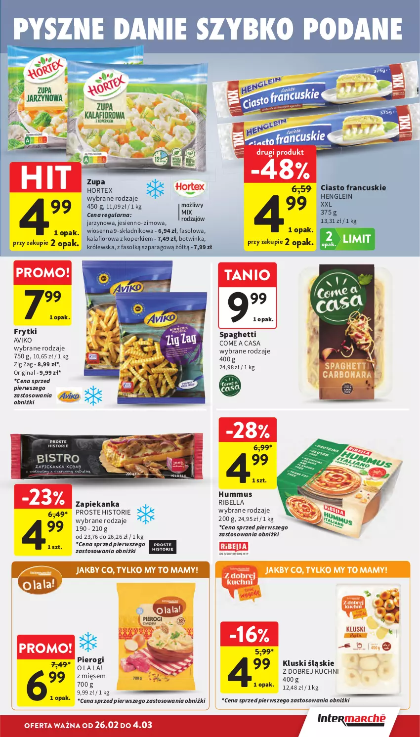 Gazetka promocyjna Intermarche - Gazetka promocyjna - ważna 26.02 do 04.03.2026 - strona 19 - produkty: Bell, Bella, Ciasto francuskie, Fa, Frytki, Gin, Hortex, Hummus, Inka, Kalafior, Mus, Pierogi, Spaghetti, Zapiekanka, Zupa