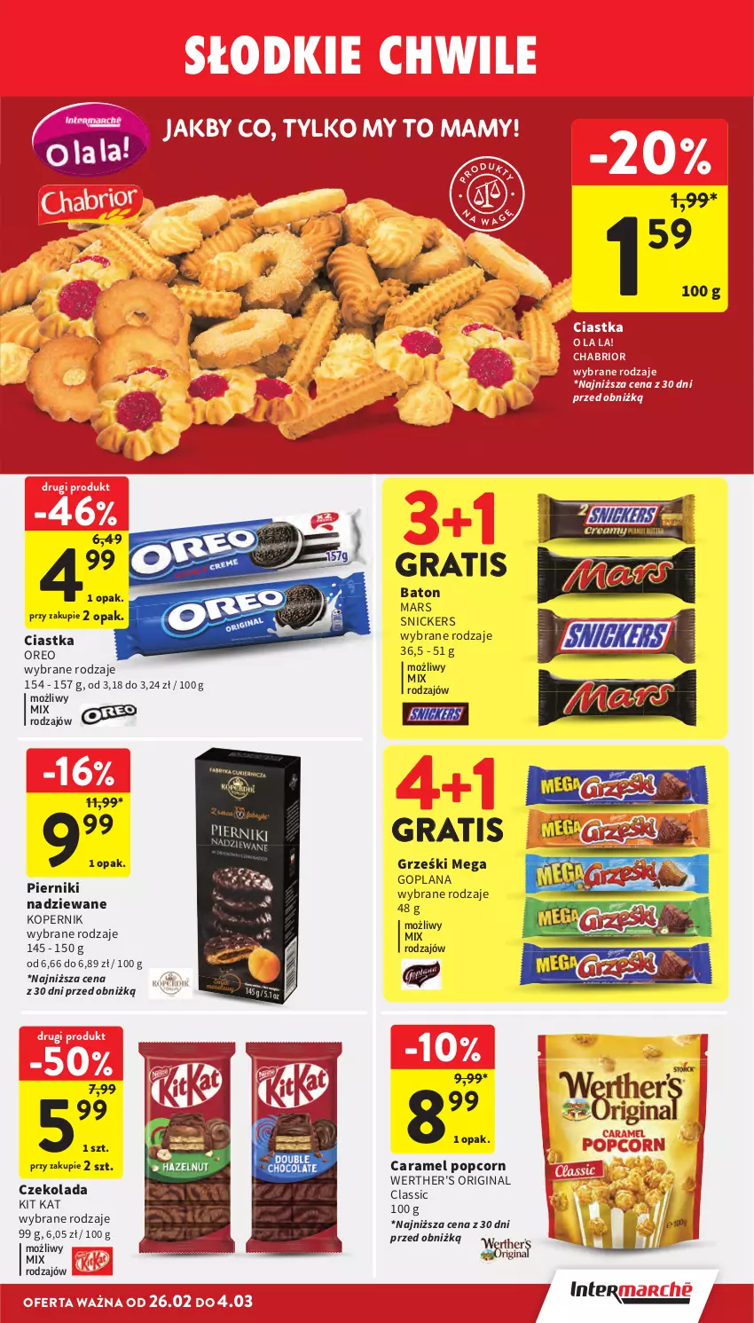 Gazetka promocyjna Intermarche - Gazetka promocyjna - ważna 26.02 do 04.03.2026 - strona 27 - produkty: Baton, Chabrior, Ciastka, Czekolada, Gin, Goplana, Gra, Grześki, Kit Kat, LANA, Mars, Oreo, Piernik, Popcorn, Snickers