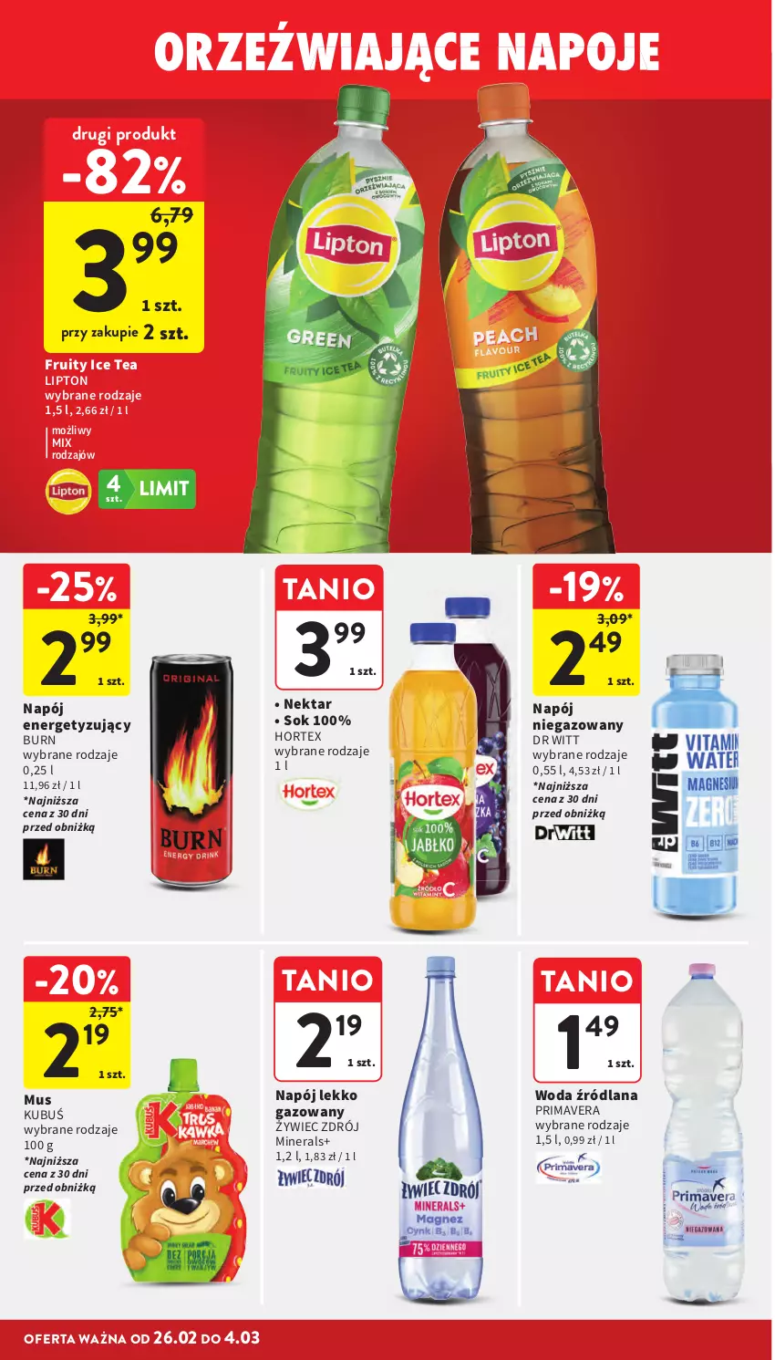 Gazetka promocyjna Intermarche - Gazetka promocyjna - ważna 26.02 do 04.03.2026 - strona 34 - produkty: Hortex, Ice tea, Kubuś, LANA, Lipton, Mus, Napój, Napój niegazowany, Napoje, Nektar, Prima, Primavera, Sok, Woda