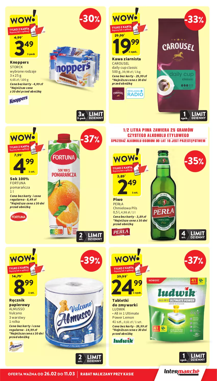 Gazetka promocyjna Intermarche - Gazetka promocyjna - ważna 26.02 do 04.03.2026 - strona 9 - produkty: Fortuna, Gra, Kawa, Kawa ziarnista, Knoppers, Ludwik, Mus, Papier, Perła, Piwa, Piwo, Ręcznik, Sok, Tablet, Tabletki do zmywarki, Zmywarki