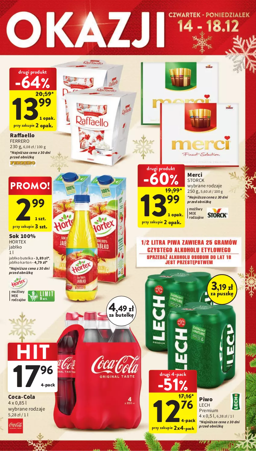 Gazetka promocyjna Intermarche - Gazetka Intermarche - ważna 14.12 do 18.12.2023 - strona 3 - produkty: Coca-Cola, Fa, Ferrero, Hortex, Lech Premium, Merci, Piwo, Raffaello, Sok