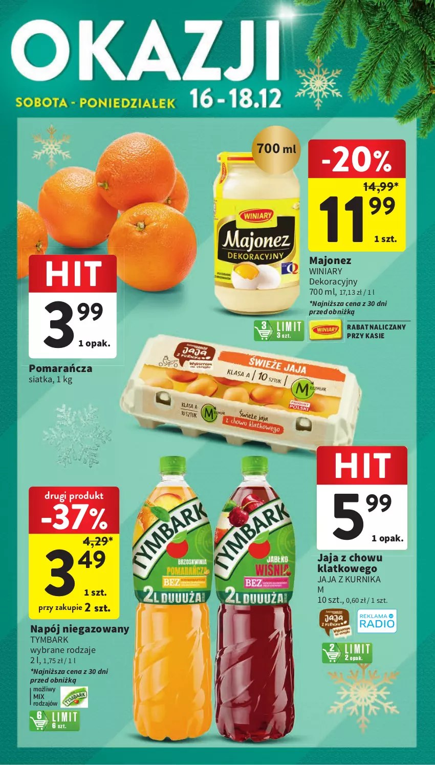 Gazetka promocyjna Intermarche - Gazetka Intermarche - ważna 14.12 do 18.12.2023 - strona 5 - produkty: Jaja, Majonez, Napój, Napój niegazowany, Siatka, Tymbark, Winiary