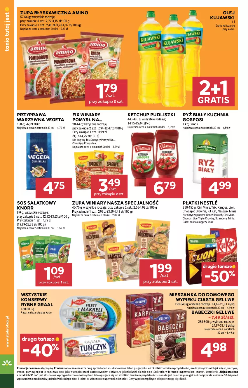 Gazetka promocyjna Stokrotka - Market - ważna 11.09 do 17.09.2025 - strona 20 - produkty: Babeczki, Brownie, Cenos, Cini Minis, Gra, Graal, Ketchup, Kit Kat, Knorr, Kuchnia, Kujawski, Lion, Mięso, Nesquik, Nestlé, Olej, Owoce, Pudliszki, Ryż, Ryż biały, Sałat, Ser, Sos, Vegeta, Warzywa, Winiary, Zupa