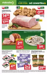 Gazetka promocyjna Stokrotka - Market - Gazetka - ważna od 17.09 do 17.09.2025 - strona 1 - produkty: Warzywa, Kawa rozpuszczalna, Gra, Szynka farmerska, Kawa, Ziemniaki, Duda, Szynka, Schab wieprzowy, Owoce, Jacobs, Masło, Mięso, Milka, Fa