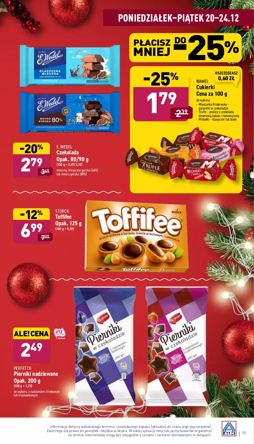 Gazetka promocyjna Aldi - Pełny katalog - ważna 20.12 do 24.12.2021 - strona 15 - produkty: Cukier, Cukierki, Czekolada, Deser, E. Wedel, Gala, Galaretki, Kakao, Michałki, Piernik, Praliny, Rum, Ser, Toffifee, Wawel