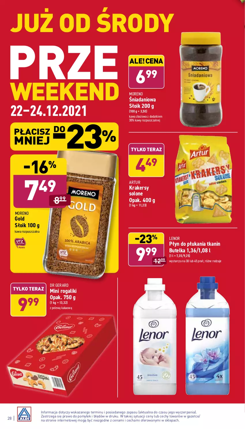 Gazetka promocyjna Aldi - Pełny katalog - ważna 20.12 do 24.12.2021 - strona 28 - produkty: Artur, Danio, Dr Gerard, Kakao, Kawa, Kawa rozpuszczalna, Kawa zbożowa, Krakersy, Lenor, Płyn do płukania, Rogal, Tera