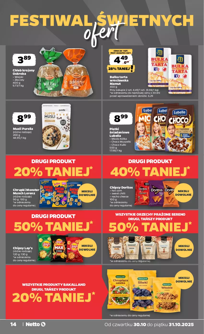 Gazetka promocyjna Netto - Od Czwartku - ważna 30.10 do 31.10.2025 - strona 14 - produkty: Bakalland, Bell, Bella, Bułka, Bułka tarta, Chipsy, Chleb, Chrupki, Danio, Lay’s, Lorenz, Lubella, Monster Munch, Mus, Pur, Ser, Tarta