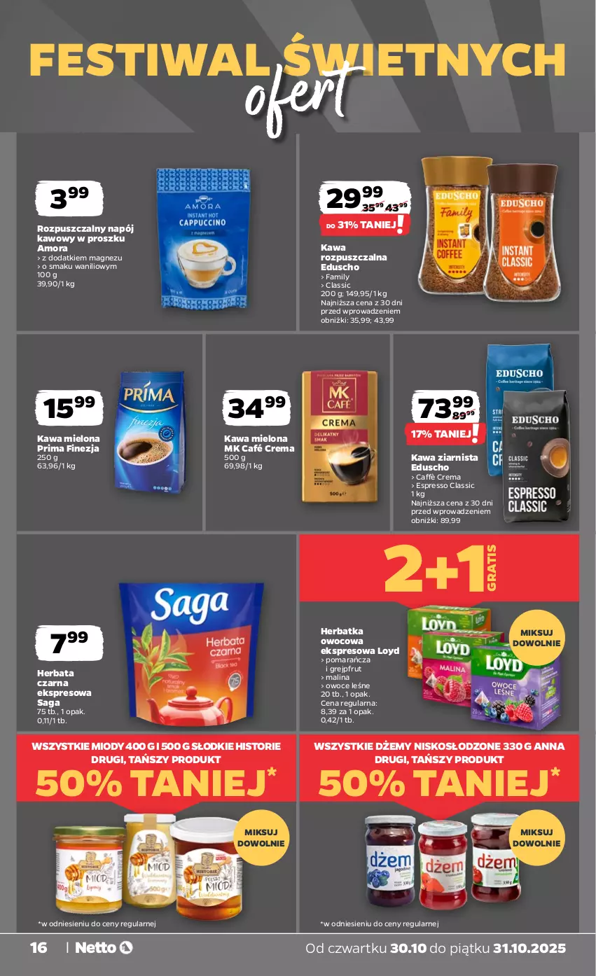 Gazetka promocyjna Netto - Od Czwartku - ważna 30.10 do 31.10.2025 - strona 16 - produkty: Dżem, Fa, Gra, Grejpfrut, Herbata, Herbata czarna, Kawa, Kawa mielona, Kawa rozpuszczalna, Kawa ziarnista, Loyd, Magnez, Napój, Owoce, Prima, Saga