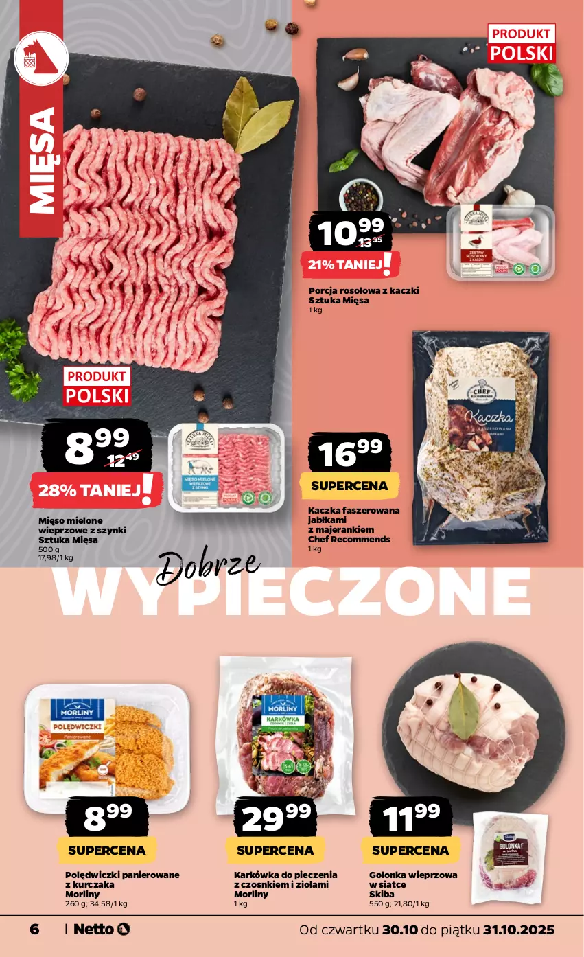Gazetka promocyjna Netto - Od Czwartku - ważna 30.10 do 31.10.2025 - strona 6 - produkty: Fa, Golonka wieprzowa, Jabłka, Kaczka, Kaczka faszerowana, Kurczak, Mięso, Mięso mielone, Morliny, Piec, Polędwiczki panierowane, Por