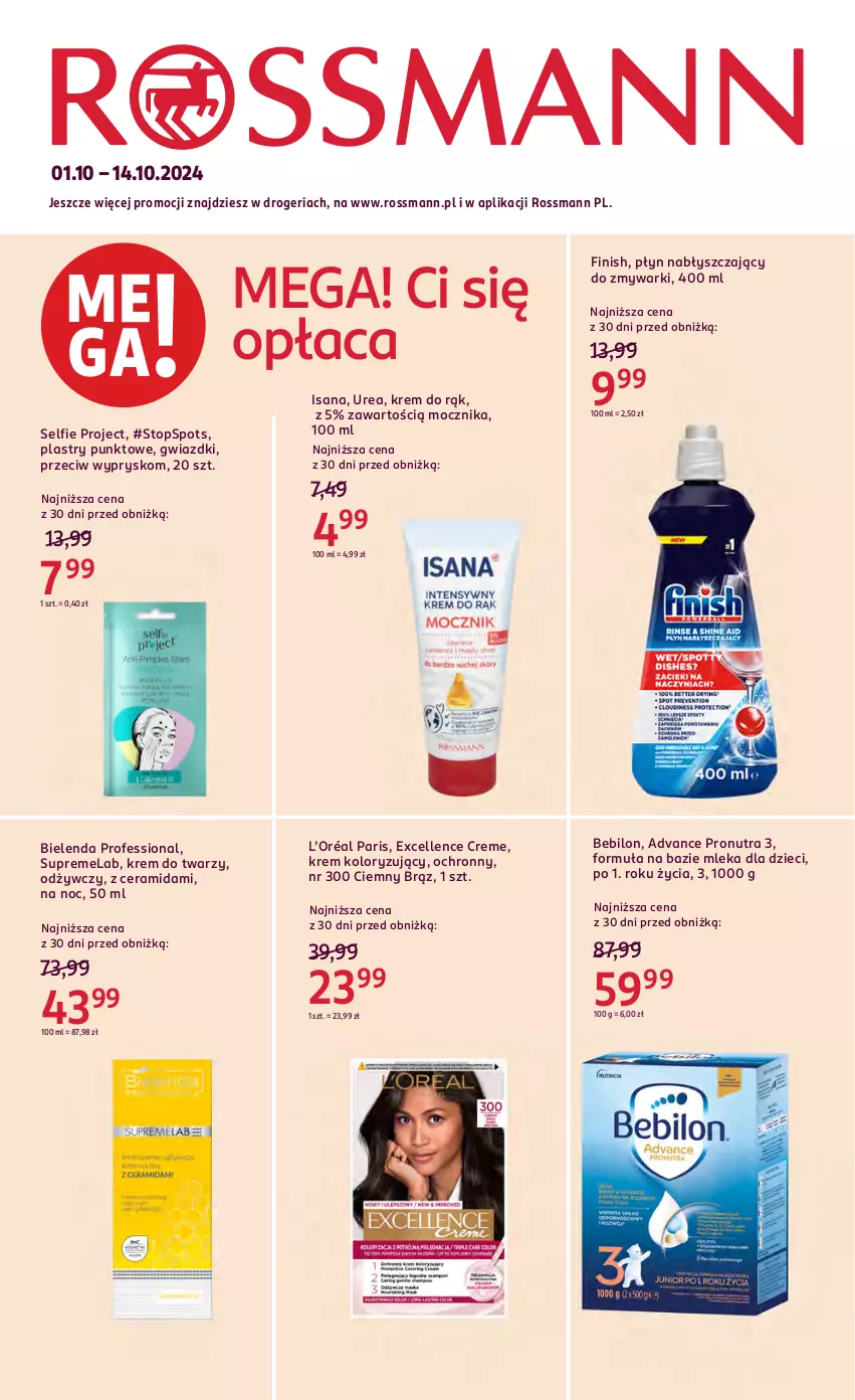 Gazetka promocyjna Rossmann - 1 października - ważna 01.10 do 14.10.2024 - strona 1 - produkty: BEBILON, Bielenda, Dzieci, Finish, Isana, Krem do rąk, Krem do twarzy, L’Oréal, Płyn nabłyszczający, Top, Zmywarki