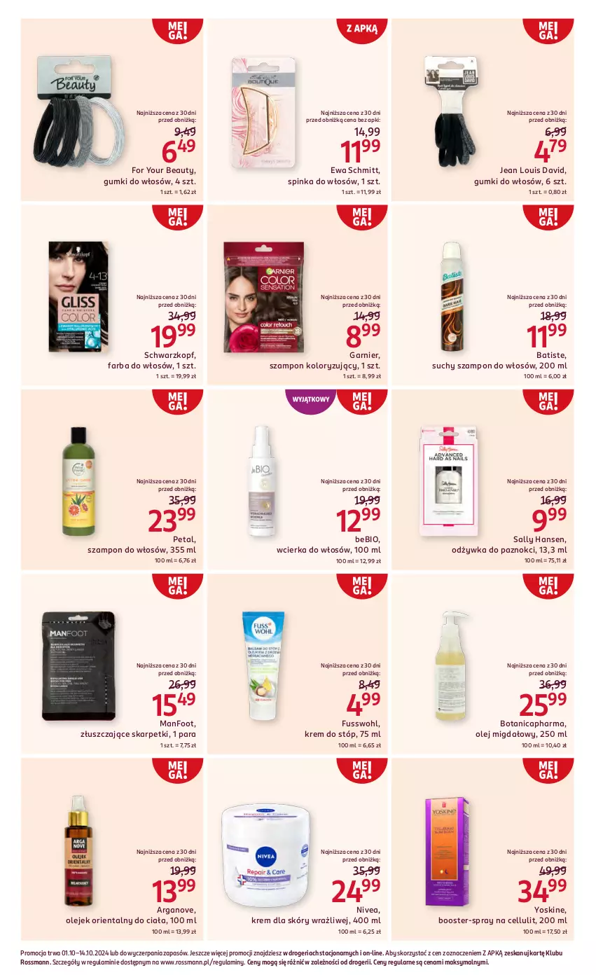 Gazetka promocyjna Rossmann - 1 października - ważna 01.10 do 14.10.2024 - strona 10 - produkty: Batiste, Booster, Ewa Schmitt, Fa, Farba do włosów, For Your Beauty, Garnier, Inka, Karp, Krem do stóp, Nivea, Odżywka, Olej, Sally Hansen, Schwarzkopf, Skarpetki, Suchy szampon, Szampon, Yoskine