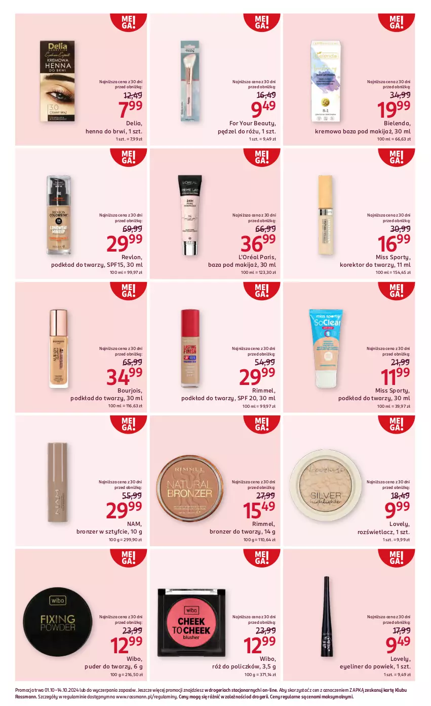 Gazetka promocyjna Rossmann - 1 października - ważna 01.10 do 14.10.2024 - strona 11 - produkty: Bielenda, Bourjois, Bronzer, For Your Beauty, Korektor do twarzy, L’Oréal, Lovely, Makijaż, Miss Sporty, Pędzel do różu, Podkład, Podkład do twarzy, Por, Puder, Puder do twarzy, Revlon, Róż do policzków, Rozświetlacz, Sport, Wibo