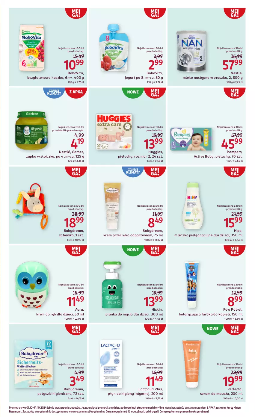 Gazetka promocyjna Rossmann - 1 października - ważna 01.10 do 14.10.2024 - strona 3 - produkty: Babydream, BoboVita, Dzieci, Fa, Gerber, HiPP, Huggies, Jogurt, Krem do rąk, Lactacyd, Mleczko, Mleko, Nestlé, O nas, Pampers, Perfecta, Pieluchy, Płyn do higieny intymnej, Rum, Ser, Serum, Zabawka