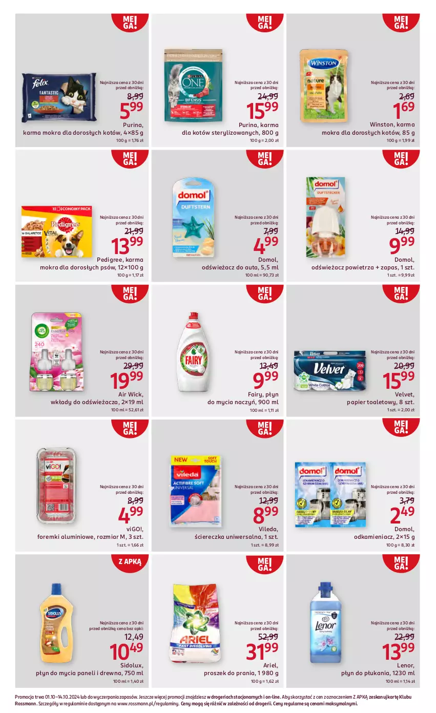 Gazetka promocyjna Rossmann - 1 października - ważna 01.10 do 14.10.2024 - strona 4 - produkty: Air Wick, Ariel, Do mycia naczyń, Domol, Fa, Fairy, Foremki, Lenor, Odkamieniacz, Odświeżacz powietrza, Papier, Papier toaletowy, Pedigree, Płyn do mycia, Płyn do mycia naczyń, Płyn do mycia paneli, Płyn do płukania, Proszek do prania, Pur, Purina, Sidolux, Velvet, Vileda, Winston