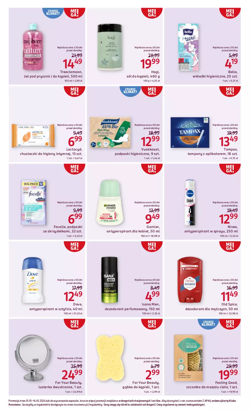 Gazetka promocyjna Rossmann - 1 października - ważna 01.10 do 14.10.2024 - strona 6 - produkty: Antyperspirant, Bell, Bella, Chusteczki, Chusteczki do higieny, Dezodorant, Dove, Fa, Facelle, For Your Beauty, Garnier, Isana, Lactacyd, Nivea, Old Spice, Pax, Perfum, Podpaski, Podpaski ze skrzydełkami, Sól, Sól do kąpieli, Szczotka, Tampax, Tampony, Wkładki