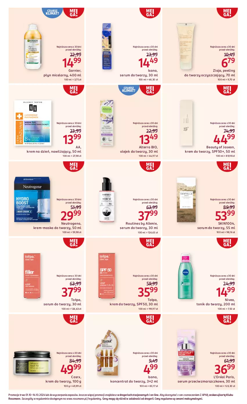 Gazetka promocyjna Rossmann - 1 października - ważna 01.10 do 14.10.2024 - strona 8 - produkty: Alterra, Garnier, Isana, Krem do twarzy, Krem na dzień, L’Oréal, Mars, Maska, Maska do twarzy, Neutrogena, Nivea, Olej, Peeling, Płyn micelarny, Rum, Ser, Serum, Serum do twarzy, Tołpa, Tonik, Tonik do twarzy, Ziaja