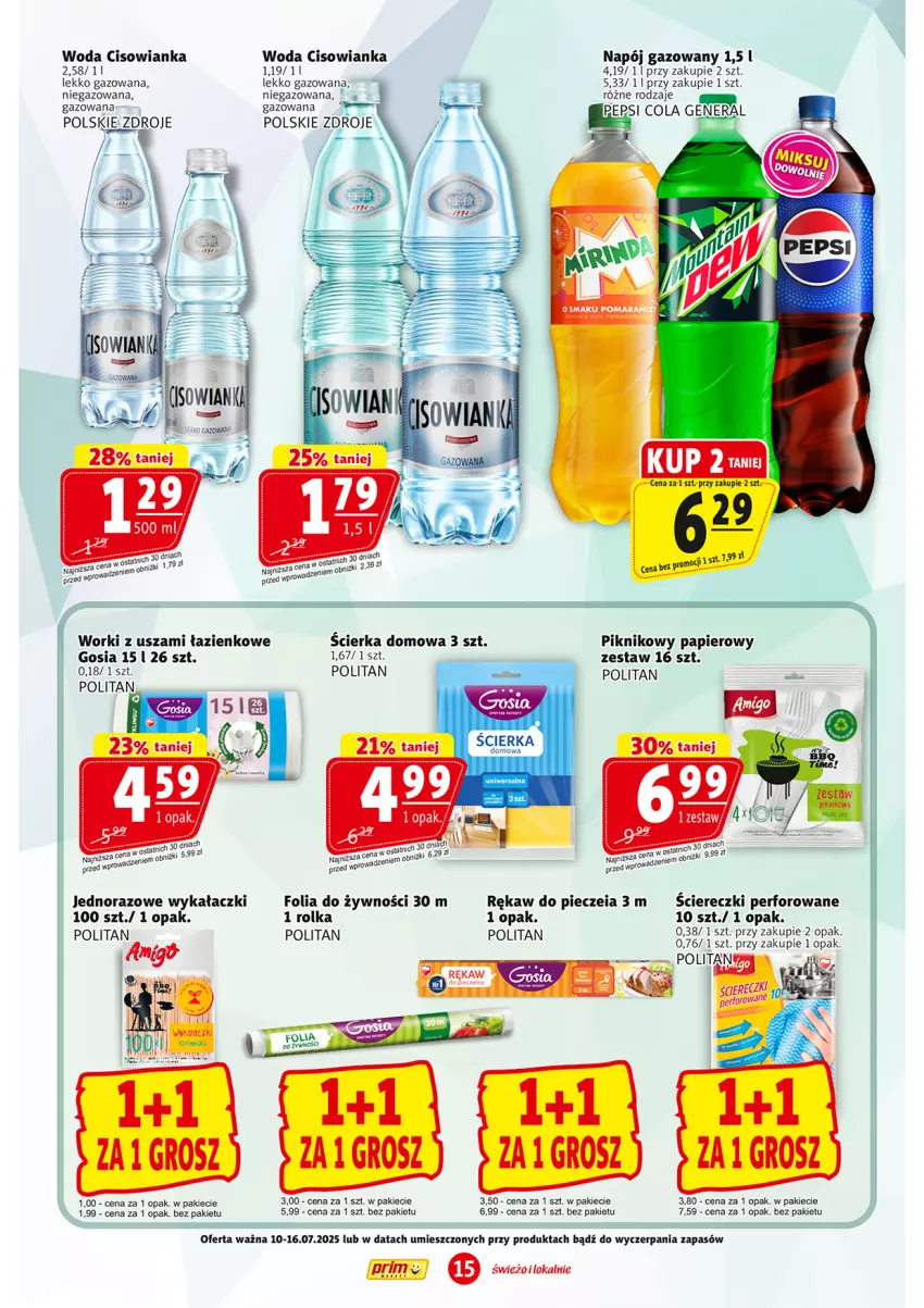 Gazetka promocyjna Prim Market - ważna 10.07 do 16.07.2025 - strona 15 - produkty: Cisowianka, Napój, Napój gazowany, Papier, Pepsi, Piec, Woda