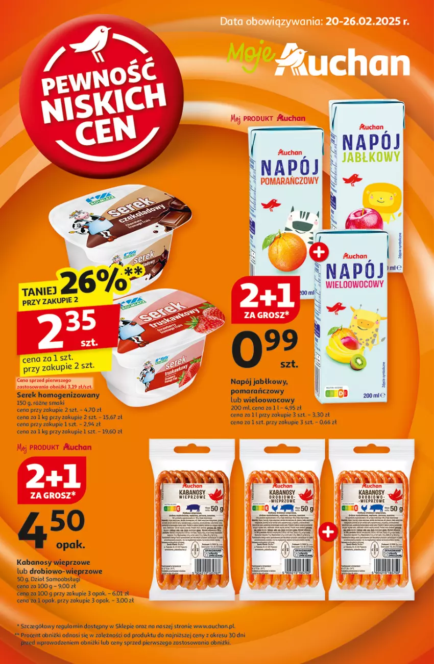 Gazetka promocyjna Auchan - Pewność Niskich Cen Moje - ważna 20.02 do 26.02.2025 - strona 1 - produkty: Fa, Gra, Kabanos, Napój, Palma, Pur, Ser, Serek, Serek homogenizowany