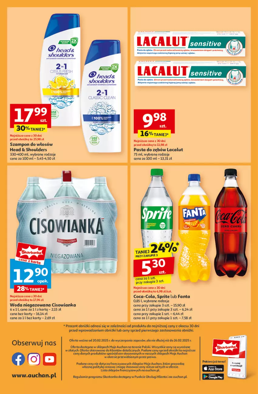 Gazetka promocyjna Auchan - Pewność Niskich Cen Moje - ważna 20.02 do 26.02.2025 - strona 10 - produkty: Cisowianka, Coca-Cola, Fa, Fanta, Gra, Lacalut, Pasta do zębów, Ser, Sprite, Tera, Woda, Woda niegazowana