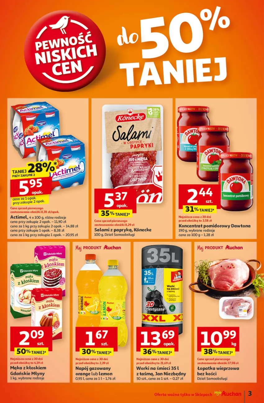 Gazetka promocyjna Auchan - Pewność Niskich Cen Moje - ważna 20.02 do 26.02.2025 - strona 3 - produkty: Actimel, Dawtona, Jan Niezbędny, Koncentrat pomidorowy, Mąka, Napój, Napój gazowany, Salami, Salami z papryką, Worki na śmiec, Worki na śmieci