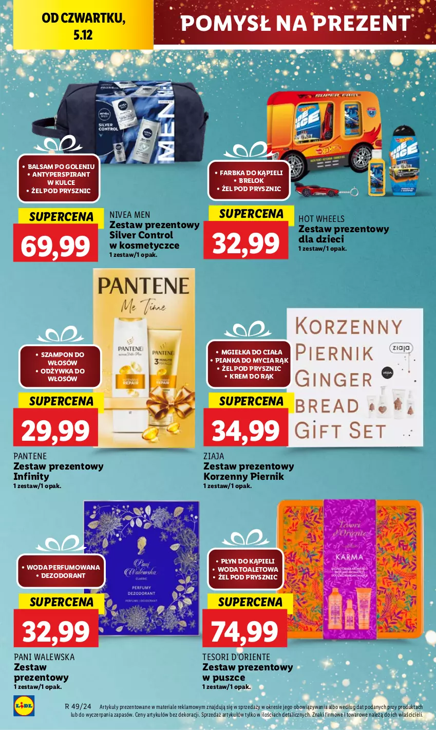 Gazetka promocyjna Lidl - GAZETKA - ważna 05.12 do 07.12.2024 - strona 30 - produkty: Antyperspirant, Balsam po goleniu, Control, Dezodorant, Dzieci, Fa, Hot Wheels, Krem do rąk, Nivea, Nivea Men, Odżywka, Pantene, Perfum, Piernik, Płyn do kąpieli, Szampon, Woda, Woda perfumowana, Woda toaletowa, Zestaw prezentowy, Ziaja