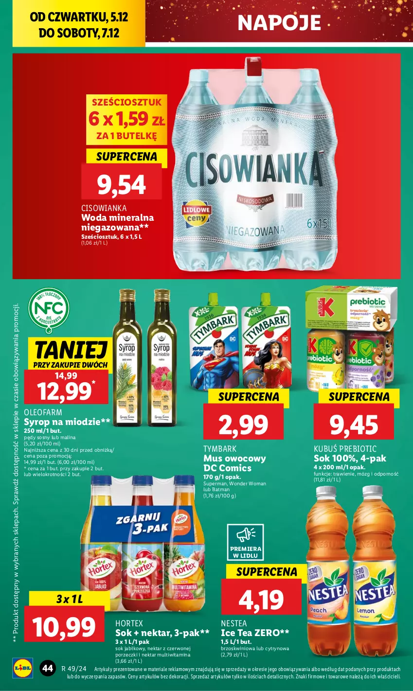 Gazetka promocyjna Lidl - GAZETKA - ważna 05.12 do 07.12.2024 - strona 48 - produkty: Cisowianka, Fa, Hortex, Ice tea, Kubuś, Mus, Napoje, Nektar, Nestea, Oleo, Oleofarm, Por, Sok, Sok jabłkowy, Sos, Syrop, Tymbark, Woda, Woda mineralna