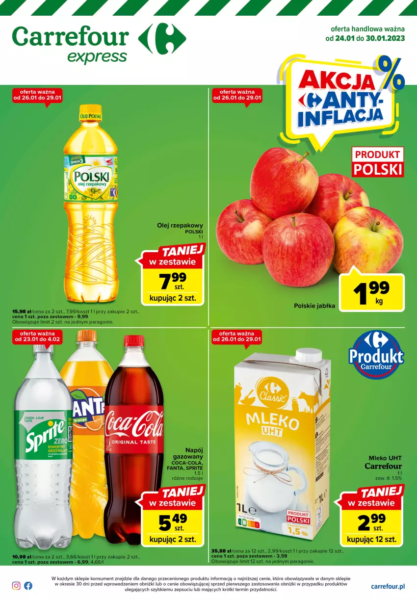 Gazetka promocyjna Carrefour - Gazetka Express - ważna 24.01 do 30.01.2023 - strona 1 - produkty: Coca-Cola, Fa, Fanta, Jabłka, Kosz, Mleko, Napój, Olej, Olej rzepakowy, Sprite