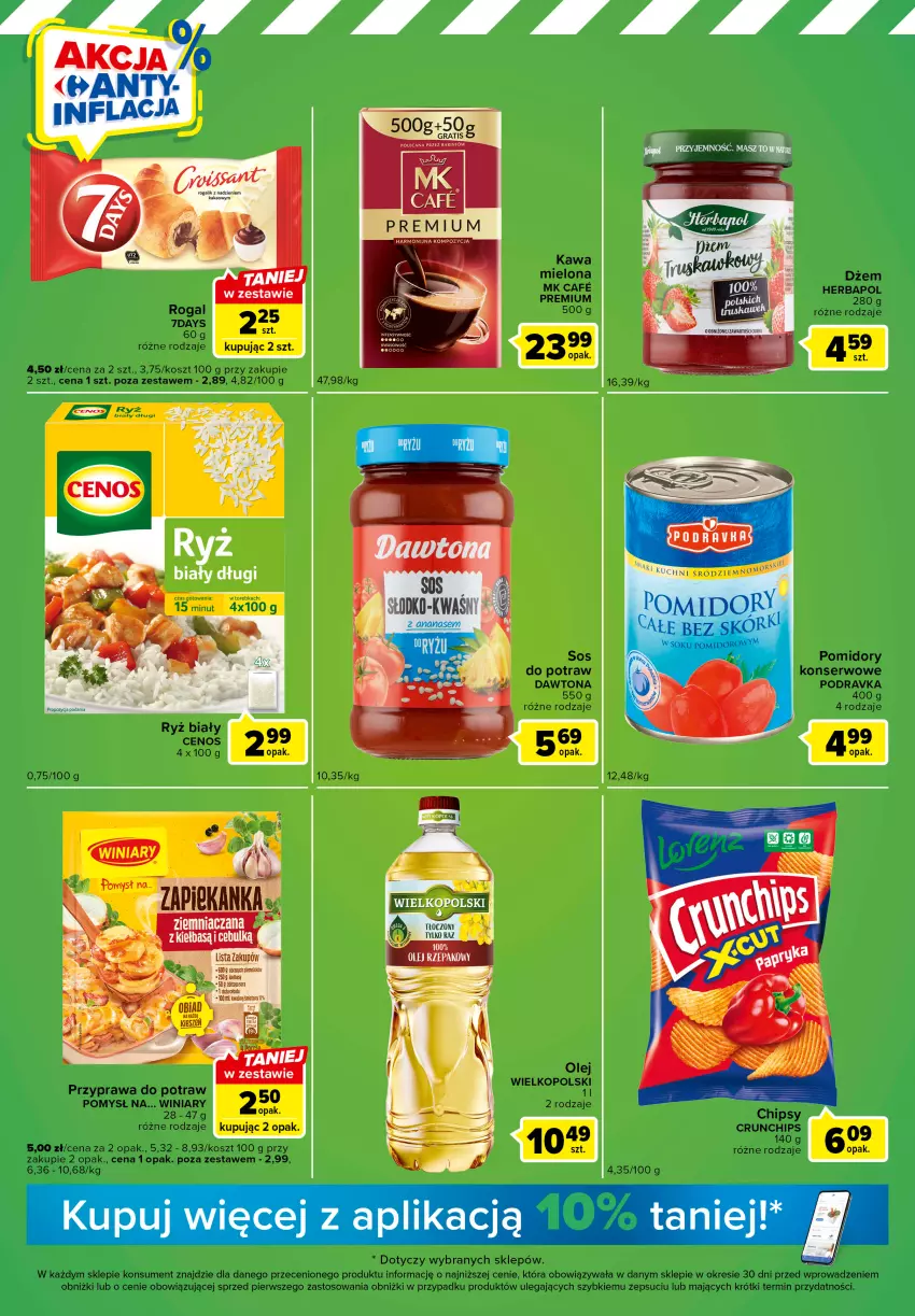 Gazetka promocyjna Carrefour - Gazetka Express - ważna 24.01 do 30.01.2023 - strona 3 - produkty: Cenos, Chipsy, Crunchips, Dawtona, Dżem, Herbapol, Kawa, Kawa mielona, Kosz, Olej, Podravka, Pomidory, Przyprawa do potraw, Rogal, Ryż, Ryż biały, Ser, Sos, Torebka, Winiary