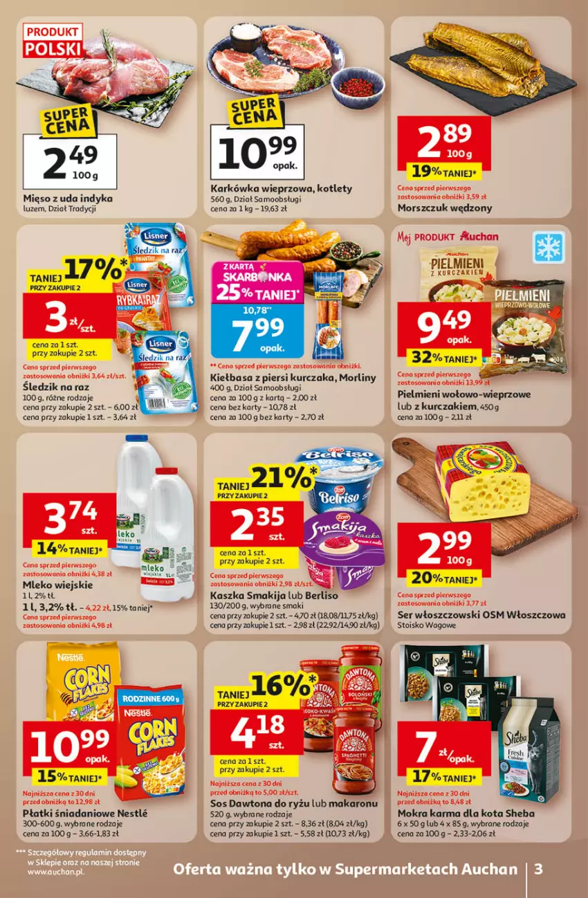 Gazetka promocyjna Auchan - Wielkie Przeboje Cenowe Supermarket Auchan Franczyza - ważna 02.01 do 07.01.2026 - strona 3 - produkty: Danio, Dawtona, Karkówka wieprzowa, Kiełbasa, Kiełbasa z piersi kurczaka, Kotlet, Kurczak, LANA, Makaron, Mięso, Mleko, Mokra karma, Morliny, Ryż, Ser, Smakija, Sos, Włoszczowski
