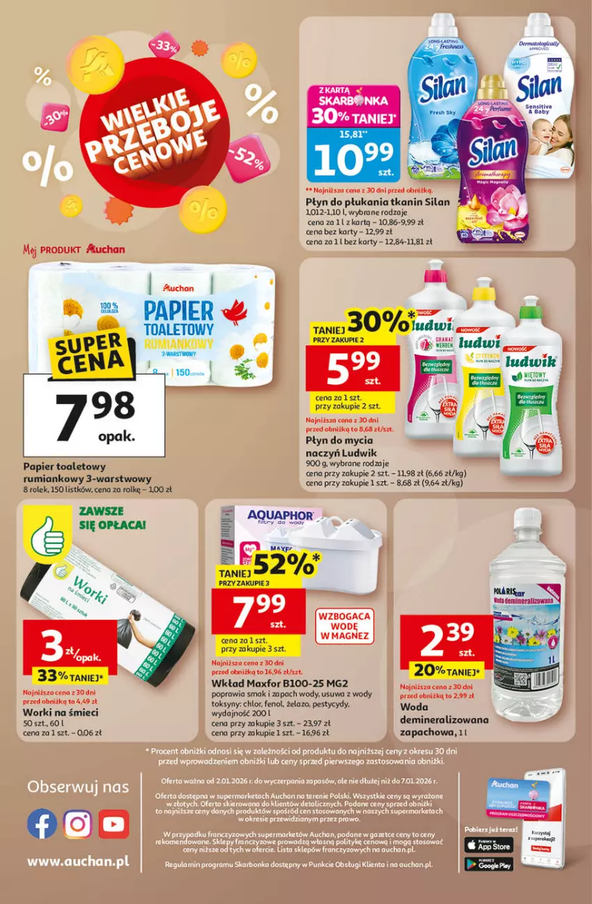 Gazetka promocyjna Auchan - Wielkie Przeboje Cenowe Supermarket Auchan Franczyza - ważna 02.01 do 07.01.2026 - strona 4 - produkty: Fa, Gra, Ludwik, Magnez, Ocet, Papier, Płyn do mycia, Płyn do płukania, Silan, Woda, Worki na śmiec, Worki na śmieci