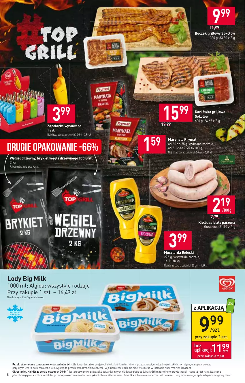 Gazetka promocyjna Stokrotka - Market - ważna 29.06 do 05.07.2023 - strona 9 - produkty: Algida, Big Milk, Boczek, Grill, Kiełbasa, Kiełbasa biała, LG, Lody, Mięso, Mus, Musztarda, Owoce, Prymat, Sok, Sokołów, Top, Warzywa, Węgiel drzewny, Zapalarka