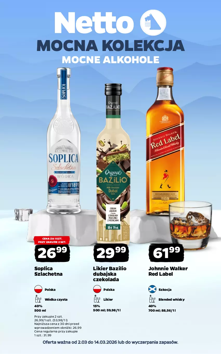 Gazetka promocyjna Netto - Alkohole - Mocne - ważna 02.03 do 14.03.2026 - strona 1 - produkty: Alkohole, Czekolada, Johnnie Walker, Koc, Likier, Soplica, Whisky, Wódka