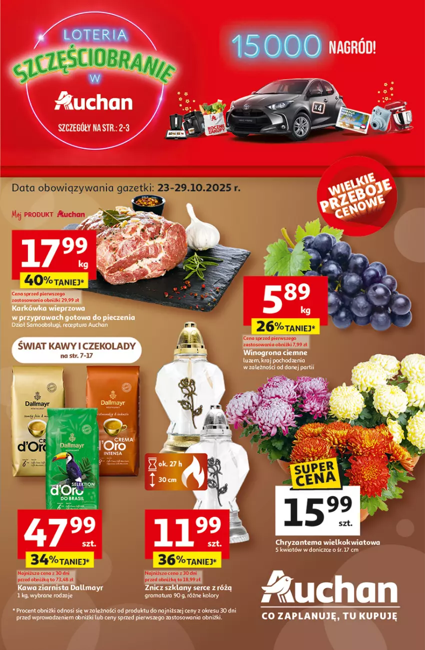 Gazetka promocyjna Auchan - Wielkie przeboje cenowe Hipermarket - ważna 23.10 do 29.10.2025 - strona 1 - produkty: Chryzantema, Dallmayr, Karkówka wieprzowa, Piec, Ser, Znicz