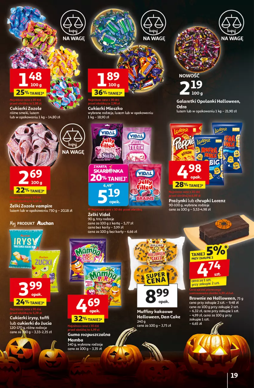 Gazetka promocyjna Auchan - Wielkie przeboje cenowe Hipermarket - ważna 23.10 do 29.10.2025 - strona 19 - produkty: Brownie, Chrupki, Cukier, Cukierki, Guma rozpuszczalna, Kakao, Lorenz, Muffiny