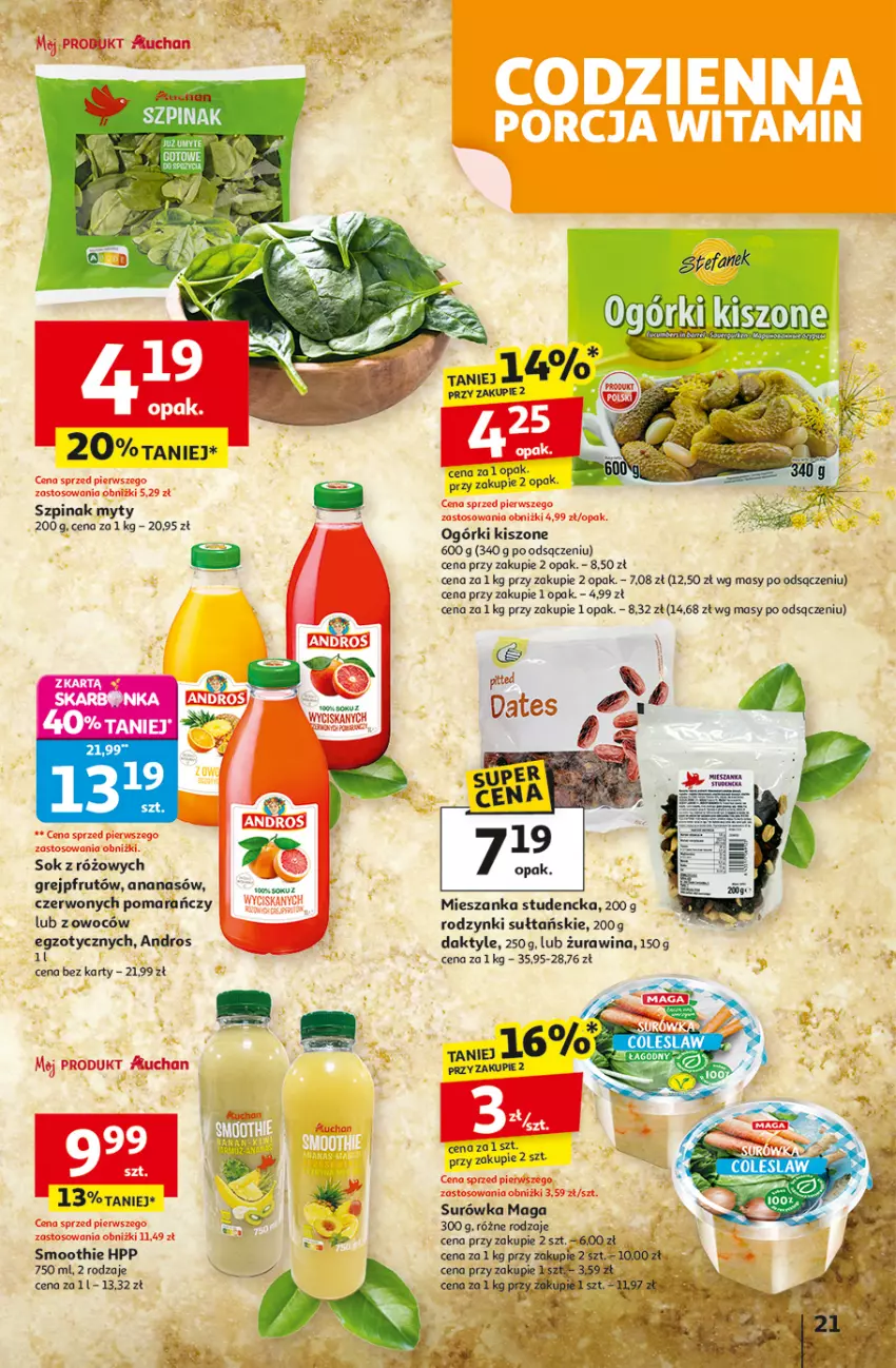 Gazetka promocyjna Auchan - Wielkie przeboje cenowe Hipermarket - ważna 23.10 do 29.10.2025 - strona 21 - produkty: Ananas, Daktyle, Fa, Grejpfrut, HP, Mieszanka studencka, Rodzynki, Smoothie, Sok, Surówka, Szpinak