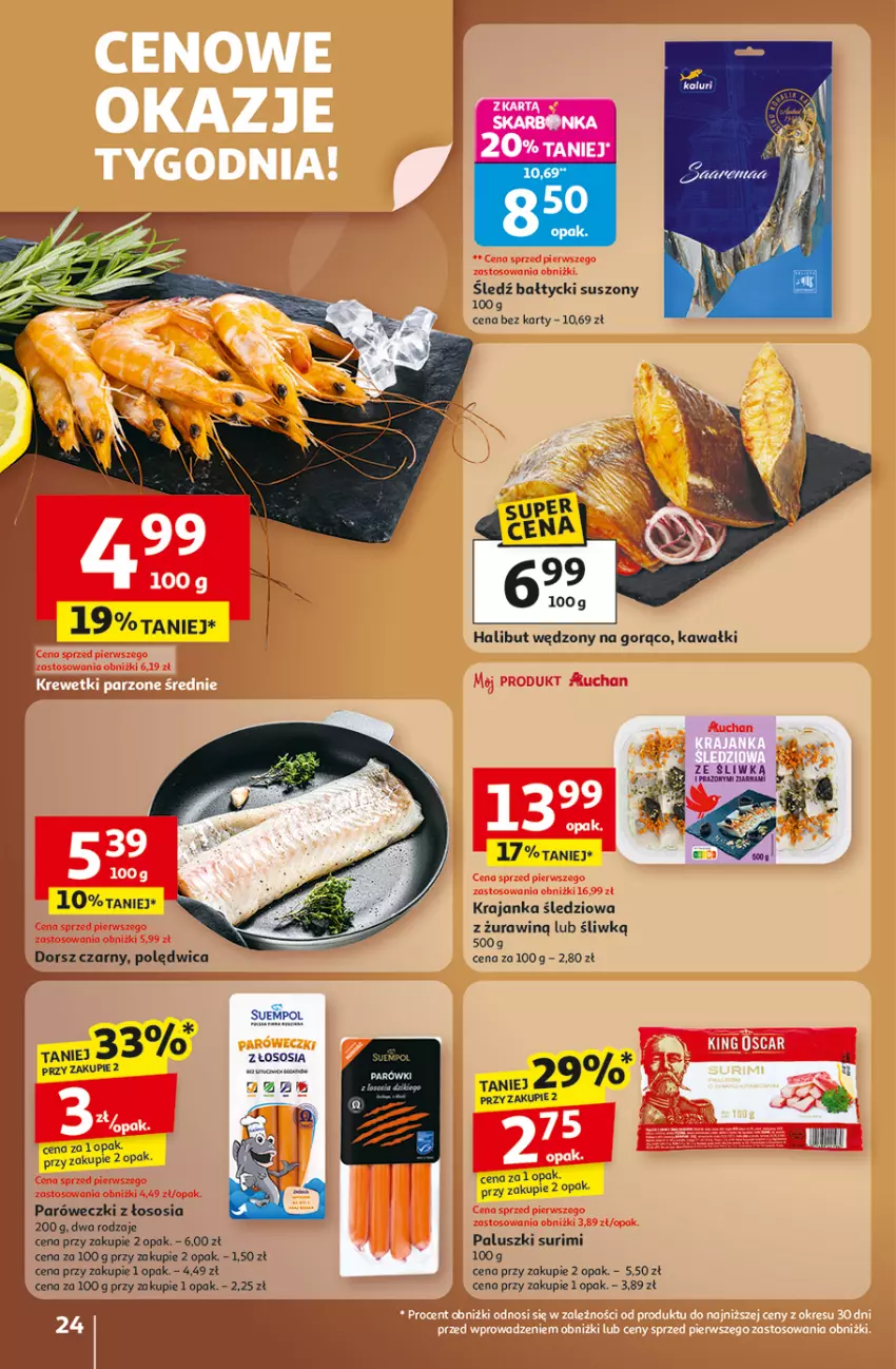 Gazetka promocyjna Auchan - Wielkie przeboje cenowe Hipermarket - ważna 23.10 do 29.10.2025 - strona 24 - produkty: Dorsz, Halibut, Kawa, Krajanka śledziowa, Parówki, Polędwica, Sos, Suempol, Surimi