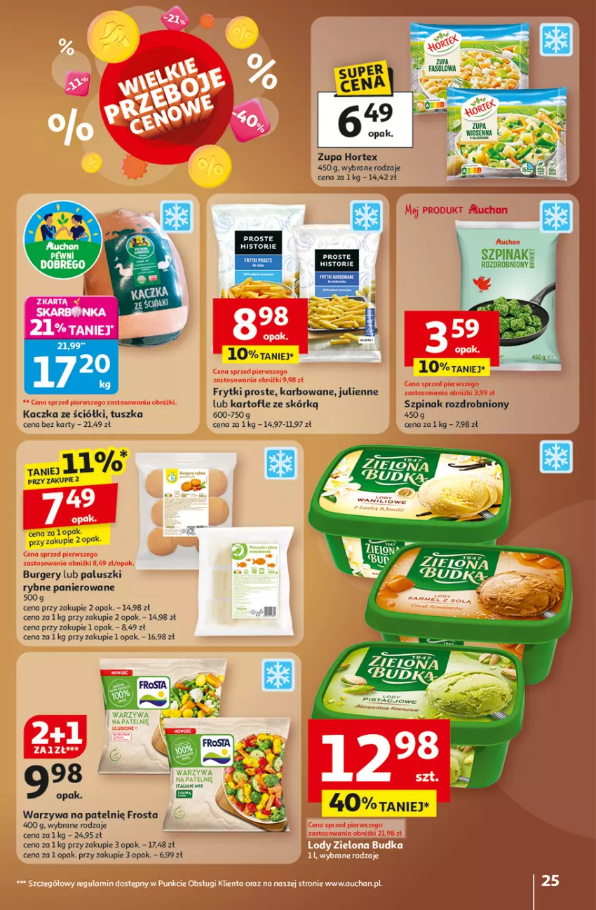 Gazetka promocyjna Auchan - Wielkie przeboje cenowe Hipermarket - ważna 23.10 do 29.10.2025 - strona 25 - produkty: Burger, Fa, Frosta, Frytki, Hortex, Kaczka, Paluszki rybne, Szpinak, Tusz, Warzywa, Warzywa na patelnie, Zupa
