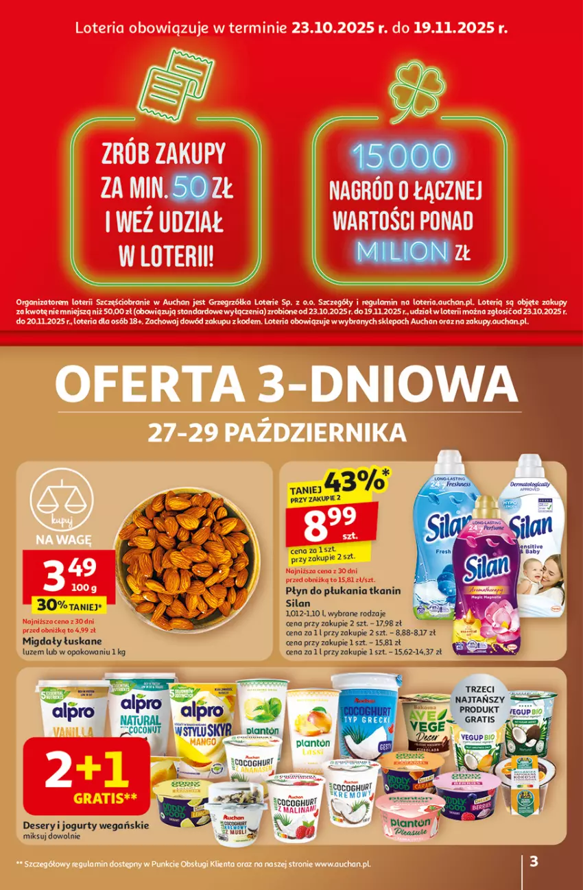 Gazetka promocyjna Auchan - Wielkie przeboje cenowe Hipermarket - ważna 23.10 do 29.10.2025 - strona 3 - produkty: Deser, Gra, Jogurt, Migdały, Płyn do płukania, Ser, Silan
