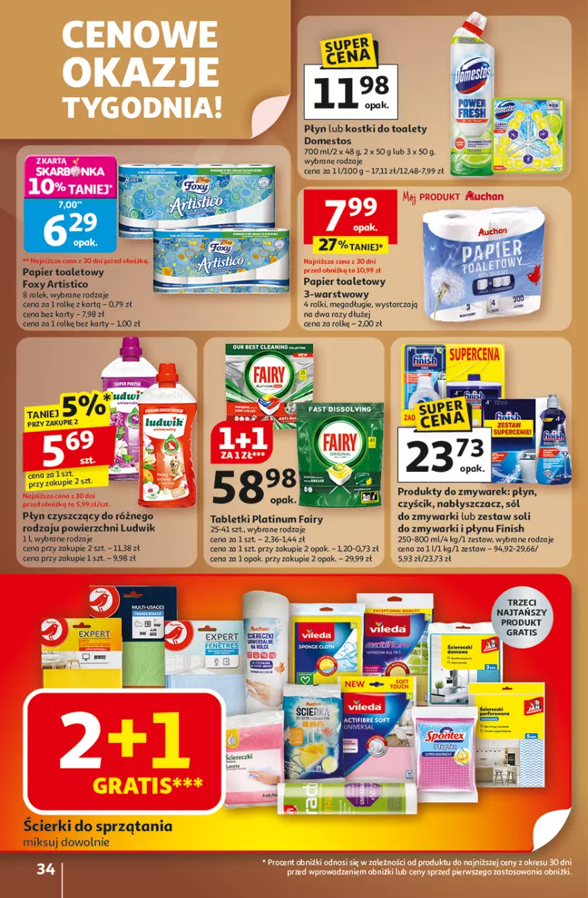 Gazetka promocyjna Auchan - Wielkie przeboje cenowe Hipermarket - ważna 23.10 do 29.10.2025 - strona 34 - produkty: Domestos, Fa, Fairy, Finish, Foxy, Gra, Ludwik, Papier, Papier toaletowy, Produkty do zmywarek, Rolki, Sól, Tablet, Zmywarki