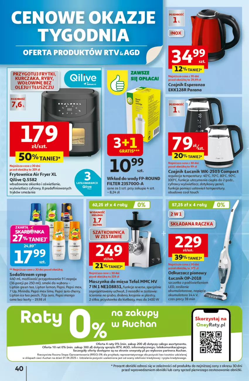 Gazetka promocyjna Auchan - Wielkie przeboje cenowe Hipermarket - ważna 23.10 do 29.10.2025 - strona 40 - produkty: Akumulator, Czajnik, Fa, Frytki, Gra, Ice tea, Kosz, Kurczak, Lipton, Mango, Maszynka, Mirinda, Odkurzacz, Olej, Pepsi, Pepsi max, Por, Silan, Syrop, Szatkownica, Szczotka, Szynka, Tefal, Top