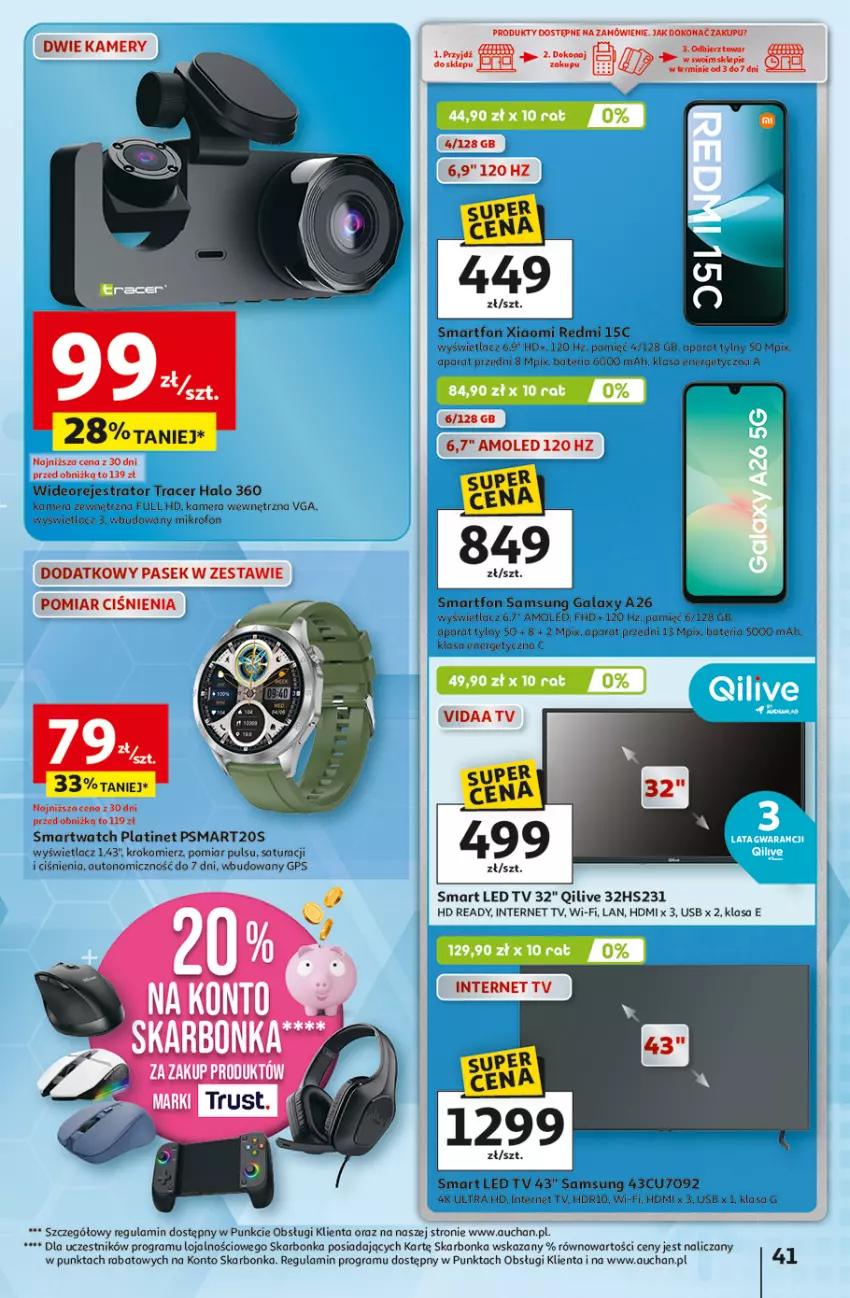 Gazetka promocyjna Auchan - Wielkie przeboje cenowe Hipermarket - ważna 23.10 do 29.10.2025 - strona 41 - produkty: Acer, Amol, Bateria, Gala, Gra, Halo, HD ready, Kamera, Kamery, Krokomierz, LED TV, Mikrofon, Pasek, PLATINET, Samsung, Smartfon, Smartwatch, Wideorejestrator