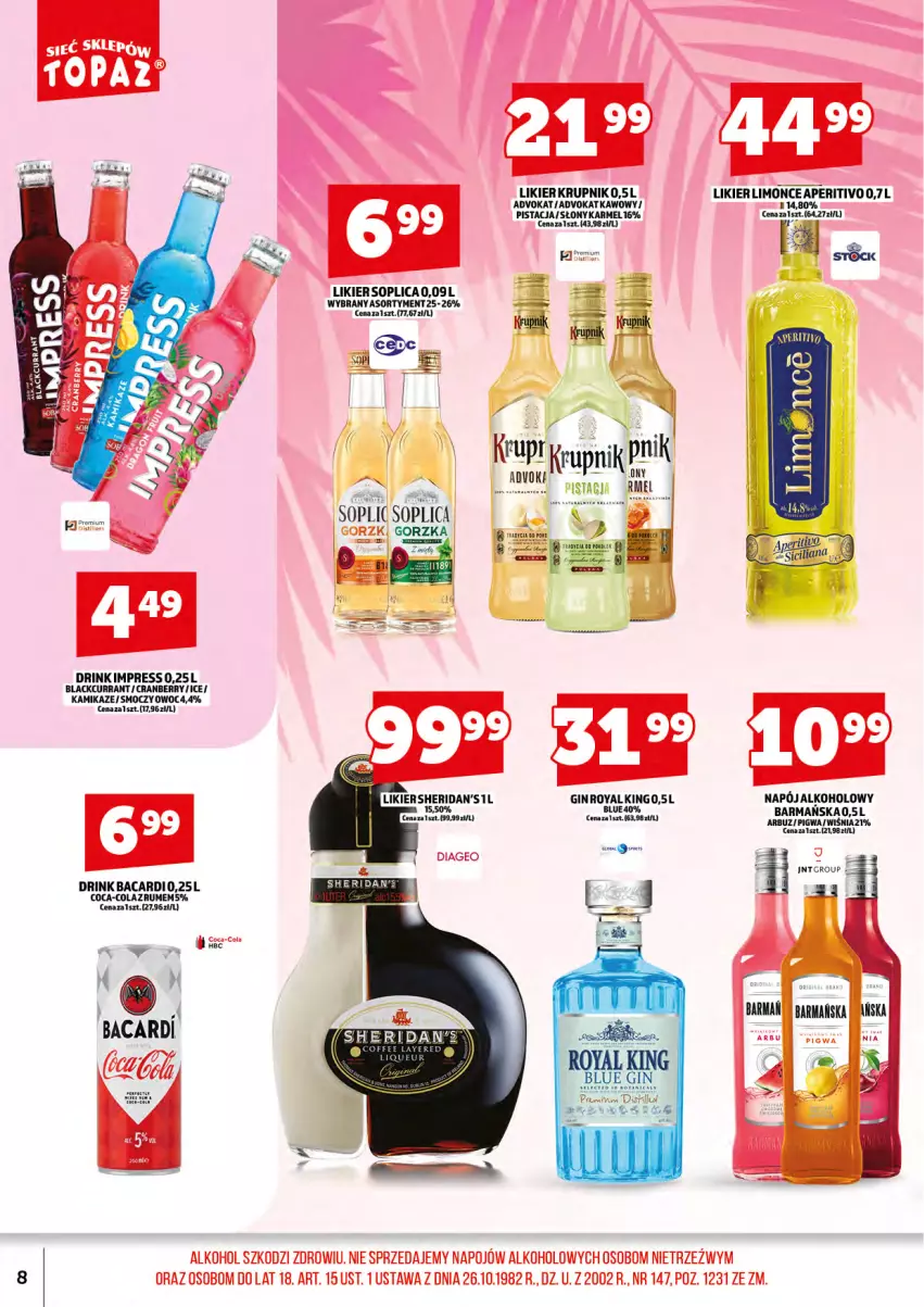 Gazetka promocyjna Topaz - Gazetka - ważna 01.08 do 17.08.2025 - strona 10 - produkty: Arbuz, Bacardi, Coca-Cola, Gin, Lack, Likier, Napój, Rum, Ser, Sheridan's, Soplica