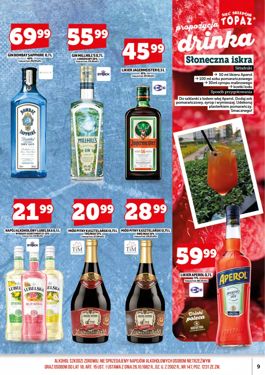 Gazetka promocyjna Topaz - Gazetka - ważna 01.08 do 17.08.2025 - strona 11 - produkty: Aperol, Gin, Lanki, Likier, Miód, Napój, Plasterki, Sok, Sok pomarańczowy, Syrop